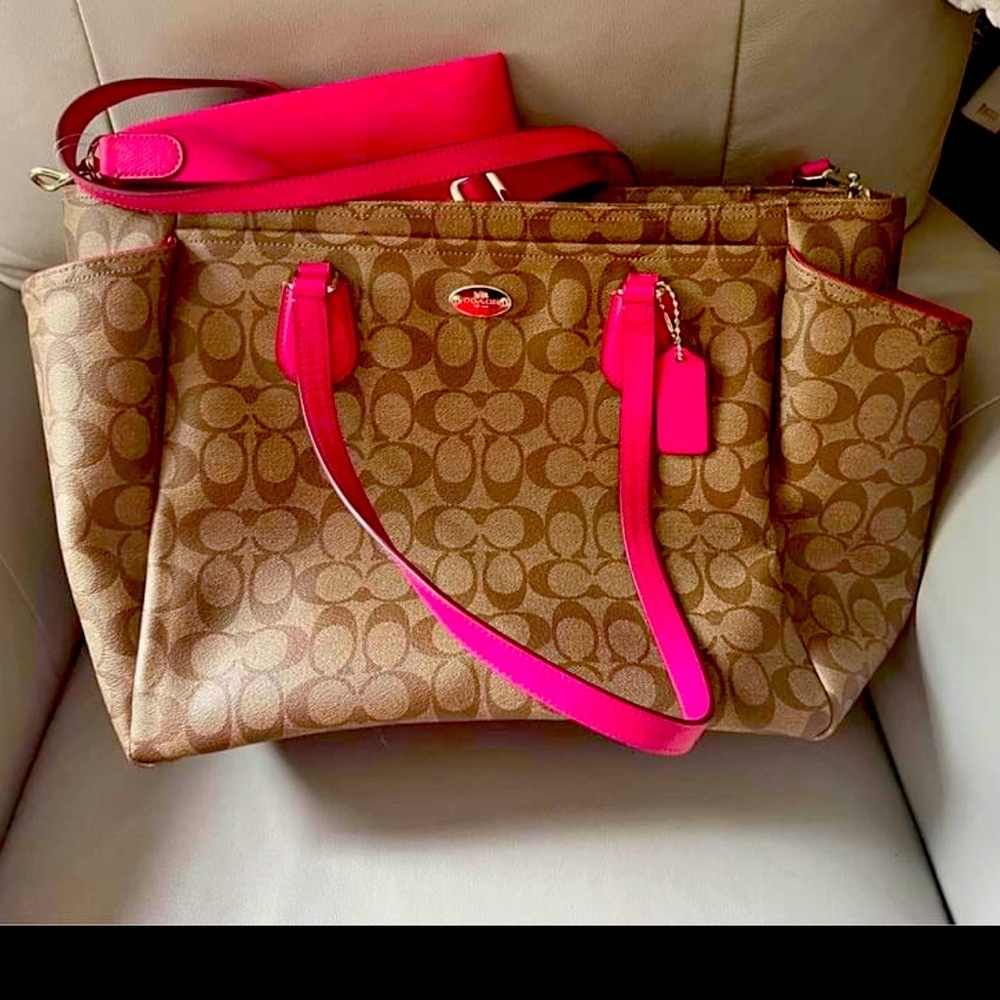 Coach Authentic Diaper Bag Brown With Pink Handles Mint - Picture 6 of 9